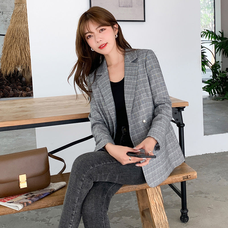 Plus Size Korean Grey Checked Blazer