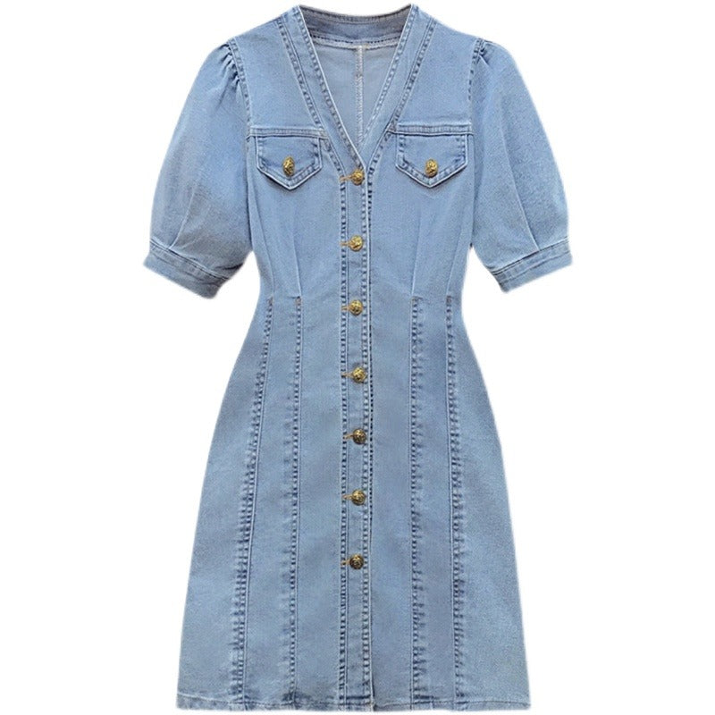Full Size Button Up V-Neck Denim Dress