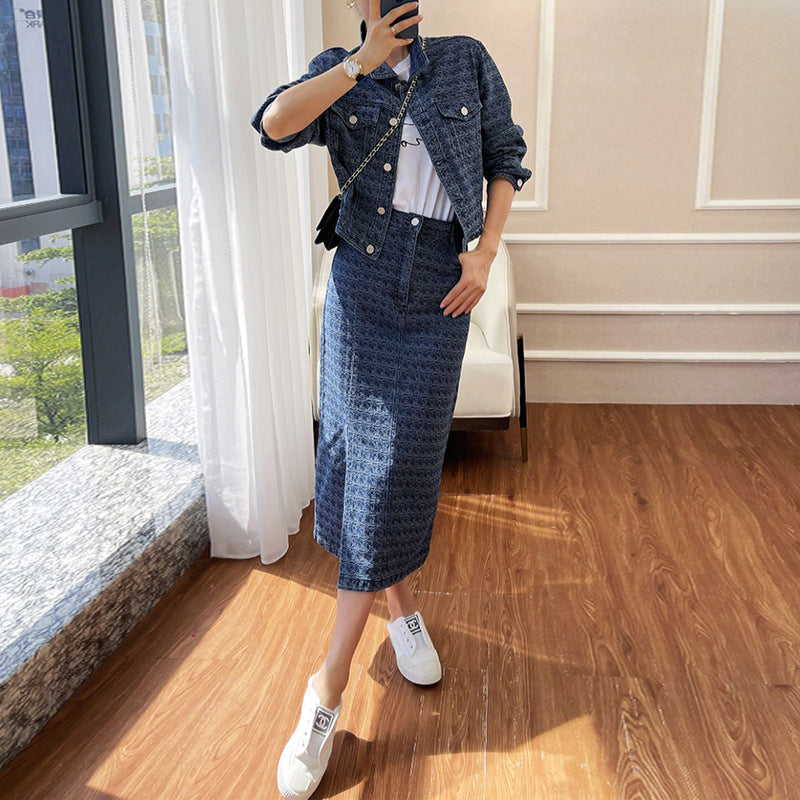 Plus size denim skirt and jacket set shop