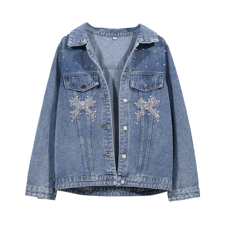 Plus size embellished ribbon pearl denim jacket