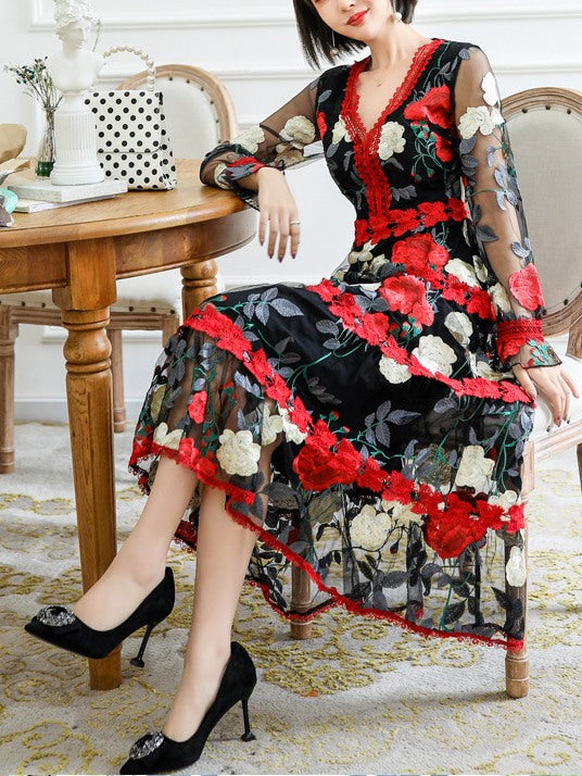 Plus Size Floral Red Lace Long Sleeve Maxi Dress – Pluspreorder