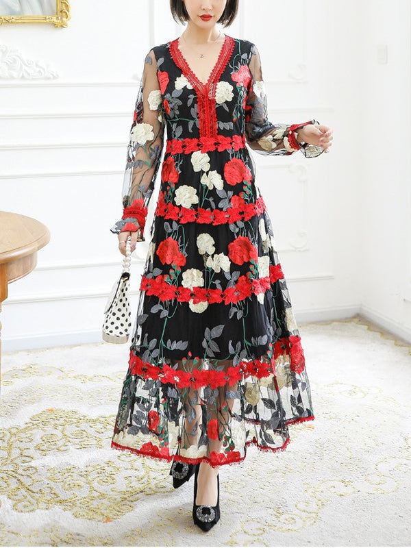 Plus Size Floral Red Lace Long Sleeve Maxi Dress