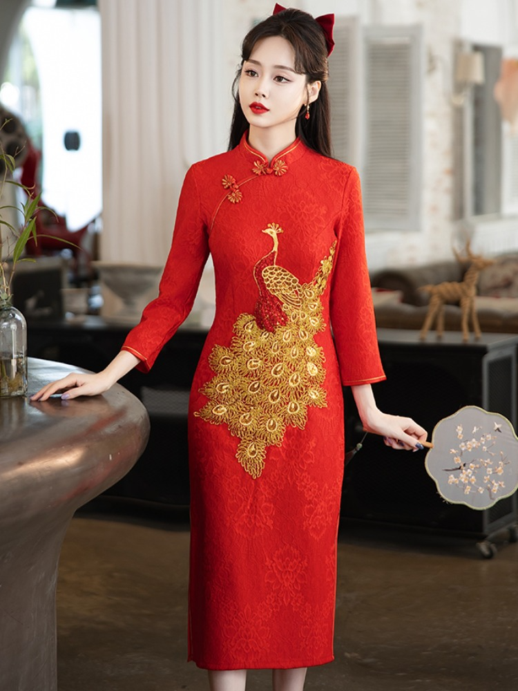 Bust 88 120 Cm Plus Size Chinese Crane Gold Red Cheongsam Dress