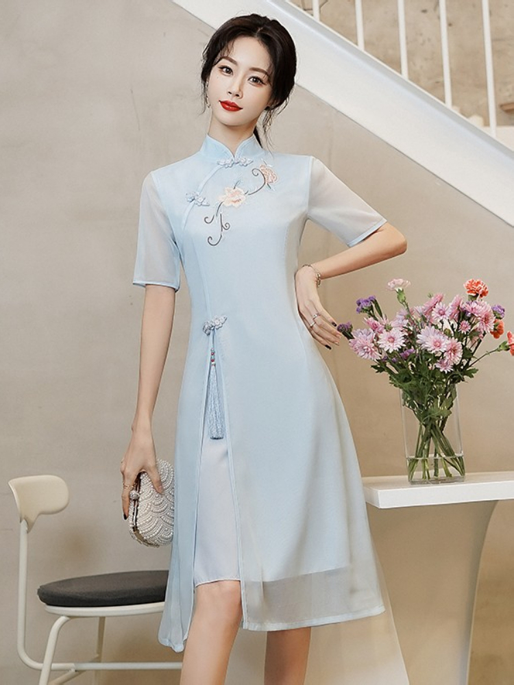 asian chiffon dress Haute Couture Asian Inspired Dresses Chinese Style Mint Green Printing Cheongsam Qipao Evening Dresses Chiffon 2021