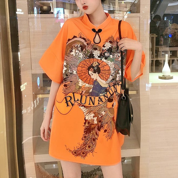 Plus size orange graphic geisha cheongsam short sleeve dress
