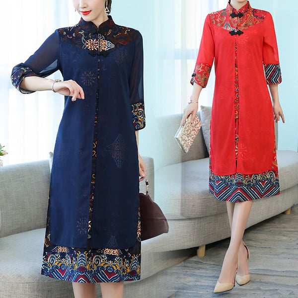 Plus size panel ethnic cheongsam mid sleeve midi dress (Blue, Red)