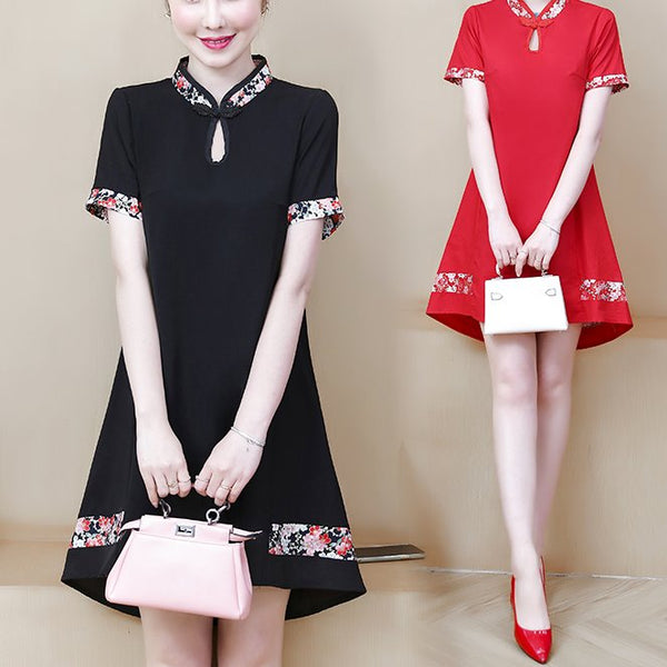 Plus size tent japanese floral layer cheongsam short sleeve dress (Red, Black)