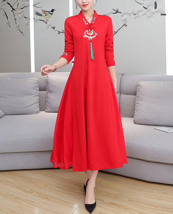 Plus size formal hanbok cheongsam mid sleeve dress (Red, Black)