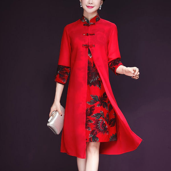 Plus size open shimmer cheongsam mid sleeve dress (Red, Blue)