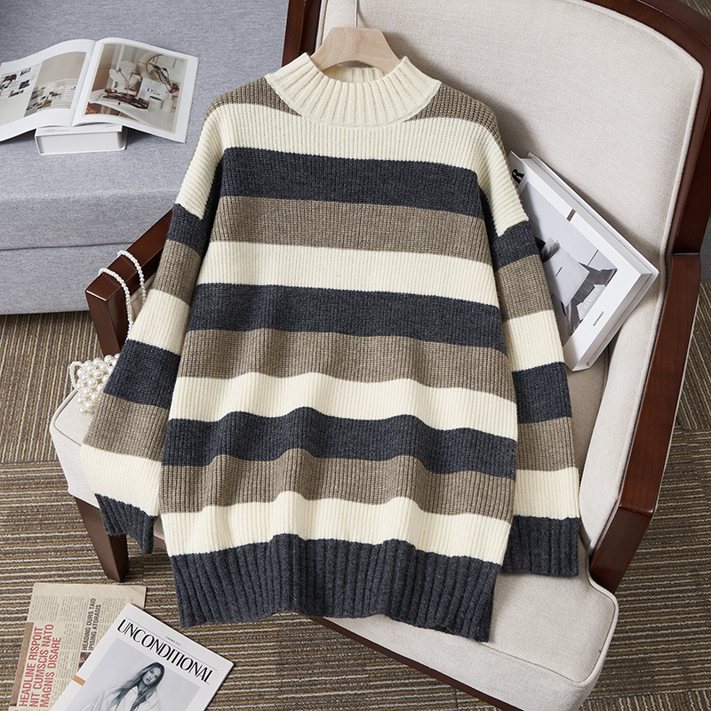 (L-4XL) Plus Size Stripes Turtleneck Winter Tunic Sweater (EXTRA BIG SIZE)  Stripe L