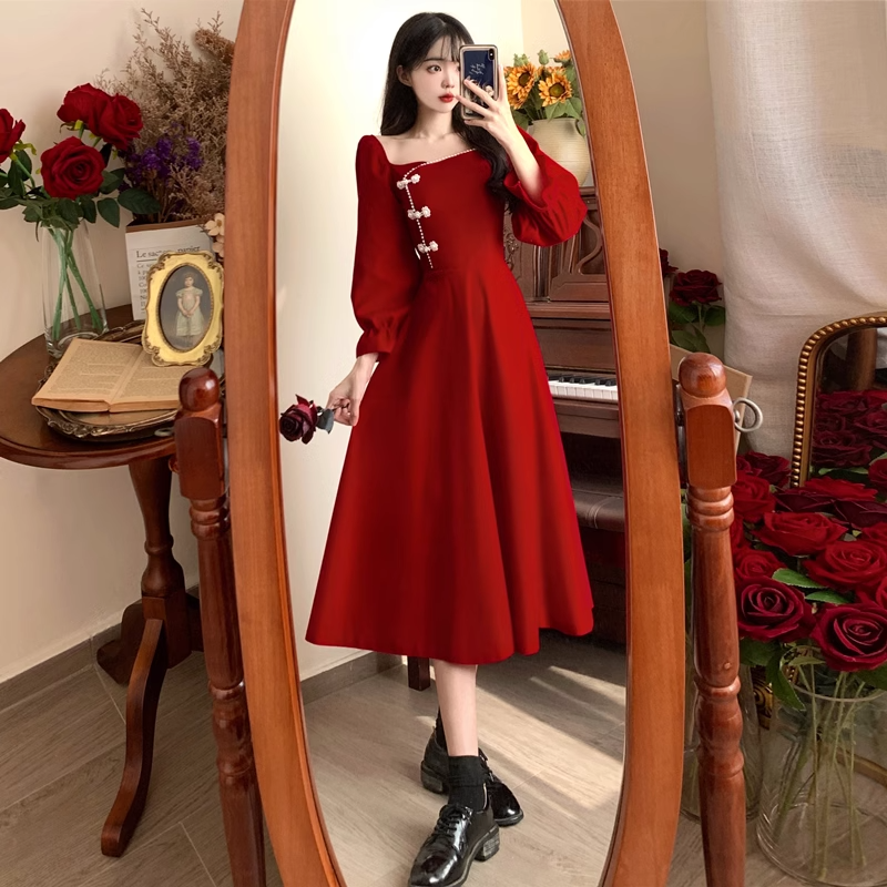 M 4Xl Plus Size Red Cheongsam Long Sleeve Midi Dress
