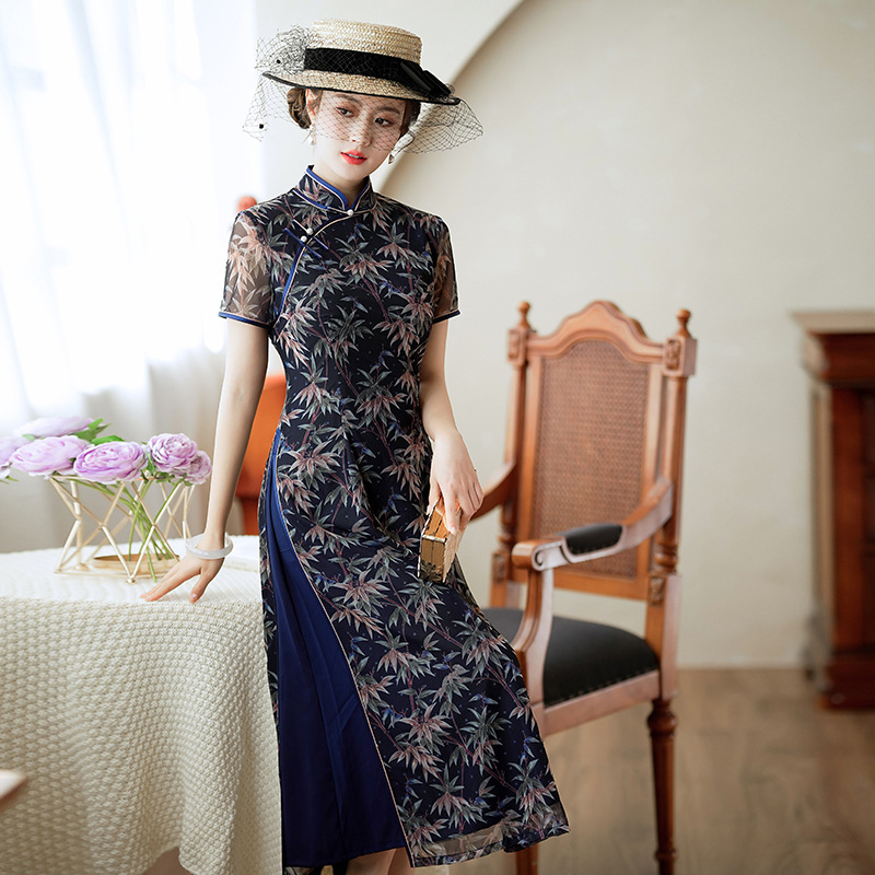 M-4Xl) Plus Size Stretchy Leafs A Line Navy Cheongsam Dress Pluspreorder M-4Xl) Plus Size Stretchy Leafs A Line Navy Cheongsam Dress Pluspreorder