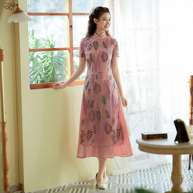 M-5Xl) Plus Size Dusty Pink Leafs Embroidery Modern Qipao Dress Pluspreorder M-5Xl) Plus Size Dusty Pink Leafs Embroidery Modern Qipao Dress Pluspreorder