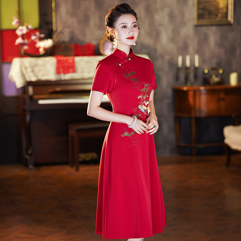 M-5Xl) Plus Size Oriental Embroidery Red A Line Cheongsam Dress (Suit Pluspreorder M-5Xl) Plus Size Oriental Embroidery Red A Line Cheongsam Dress (Suit Pluspreorder