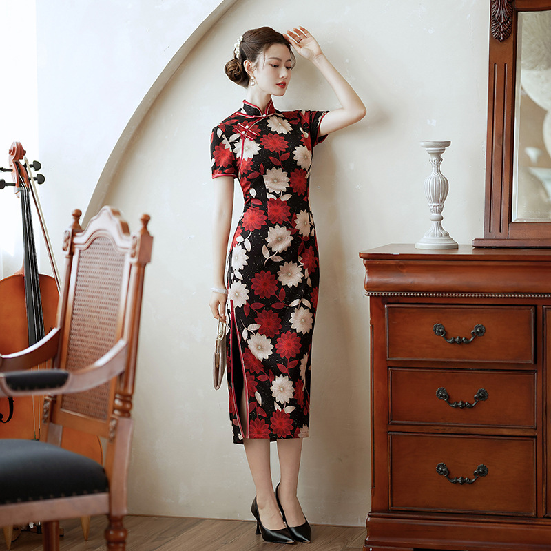 ACEWIN Waist Ruched Floral Cheongsam Dress (Size S-L) 703295