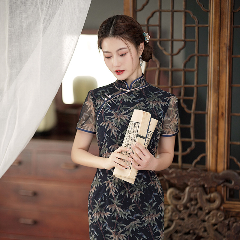 Navy blue cheongsam sales