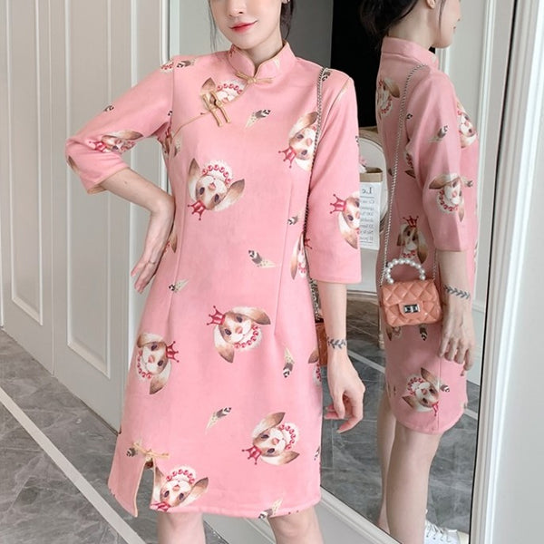 Plus Size Pink Suede Rabbit Cheongsam Mid Sleeve Dress