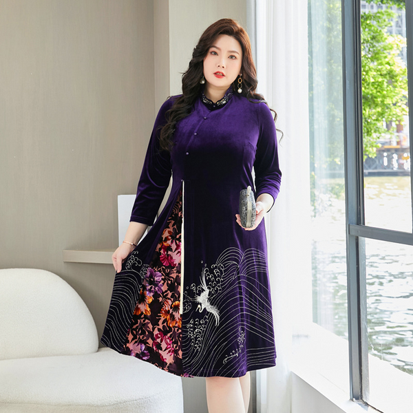 Plus Size 3/4 Sleeve Velvet Cheongsam Dress (EXTRA BIG SIZE)