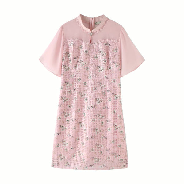 Plus Size Pink Floral Hex Cheongsam Dress
