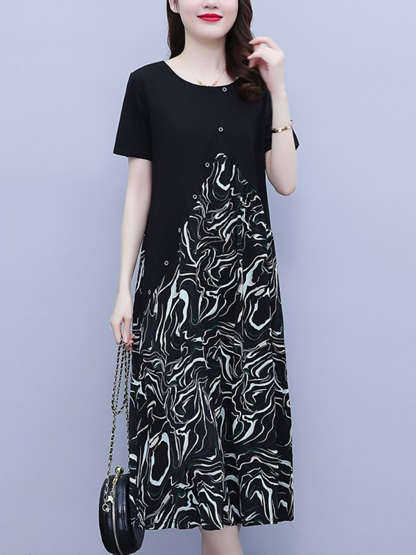 Plus Size Bias Black Print Midi Dress