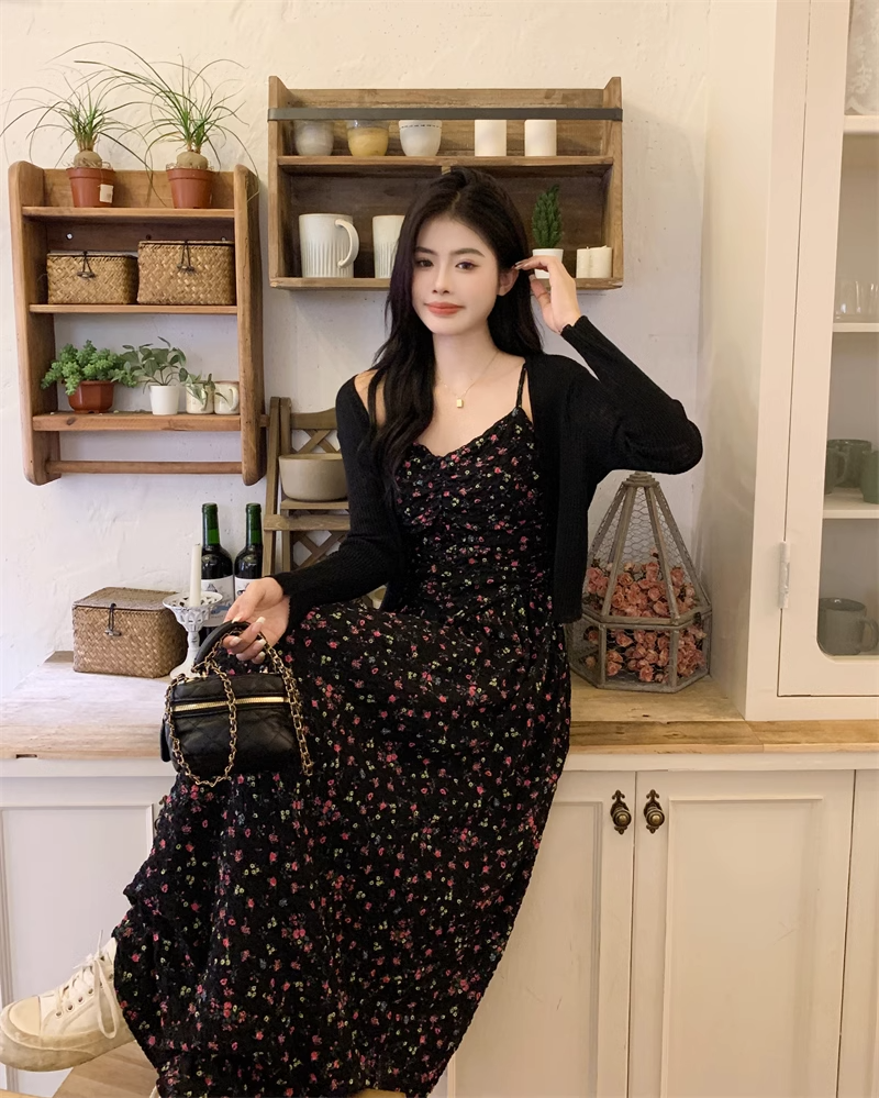 Plus Size Black Crop Cardigan and Black Ditsy Floral Camisole Dress Set