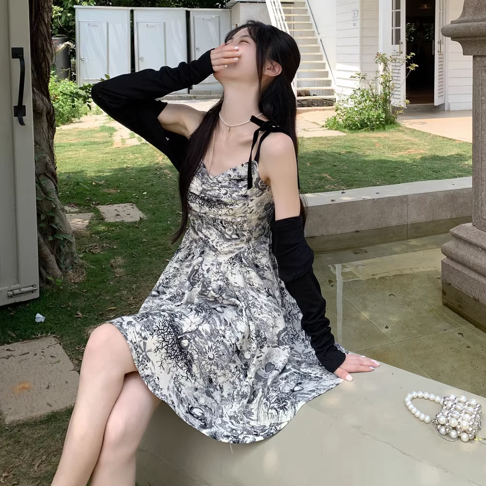 Plus Size Black Crop Cardigan and Scenery A Line Dress Set