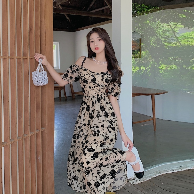 Plus Size Black Floral Vintage Off Shoulder Midi Dress
