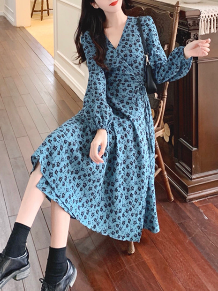 Plus Size Blue Floral Long Sleeve Dress – Pluspreorder
