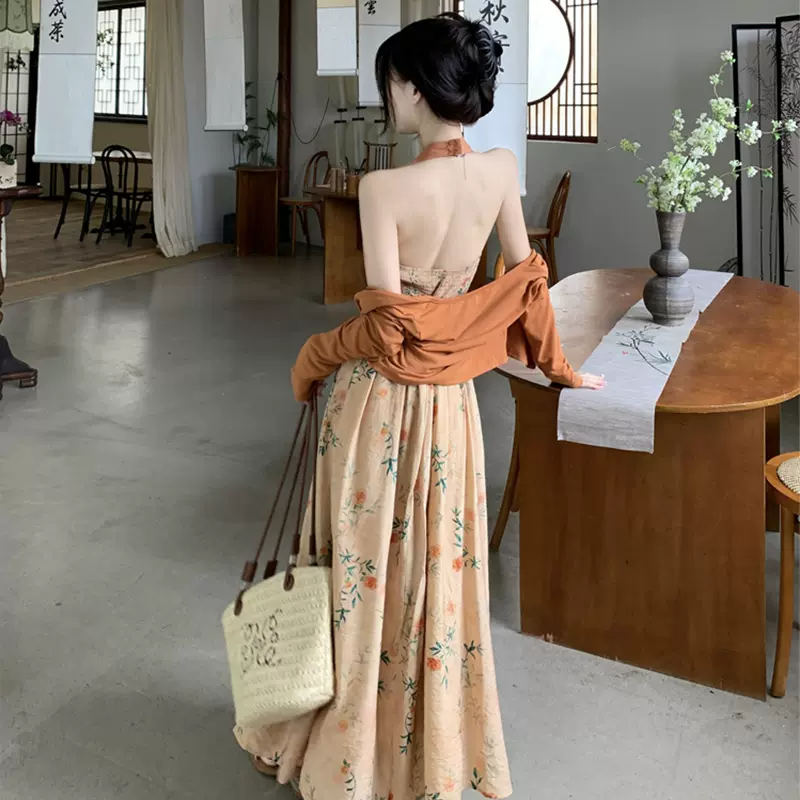 Plus Size Cardigan And Orange Oriental Halter Dress Set Pluspreorder Plus Size Cardigan And Orange Oriental Halter Dress Set Pluspreorder