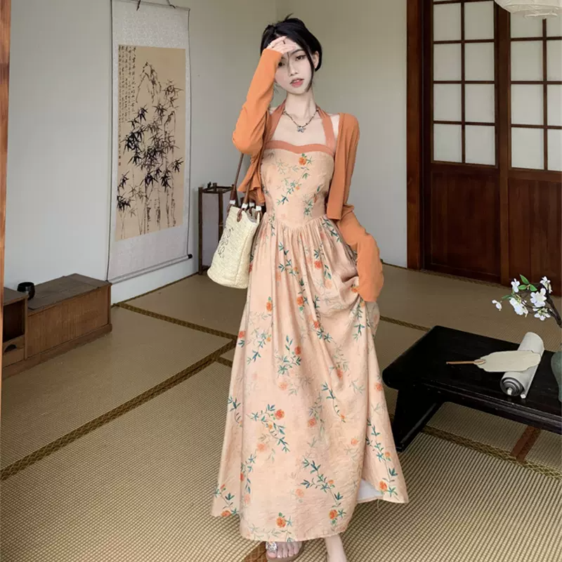 Plus Size Cardigan And Orange Oriental Halter Dress Set – Pluspreorder