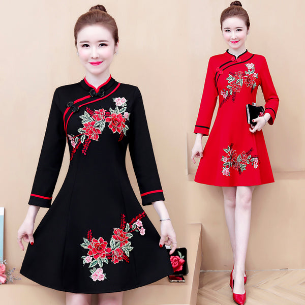 Plus Size Embroidery Long Sleeve Cheongsam Dress
