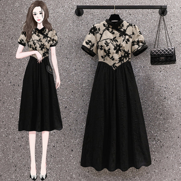Plus Size Black Floral Midi Dress Cheongsam