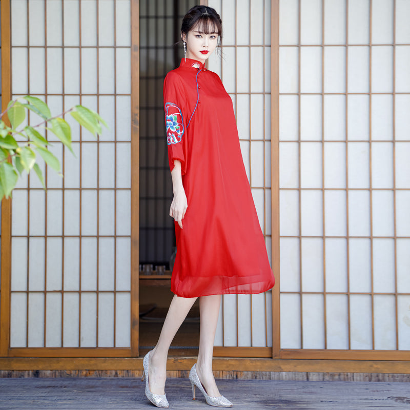 plus size chinese new year dress Plus Size Bright Red Embroidered Cheongsam Midi Dress – Pluspreorder