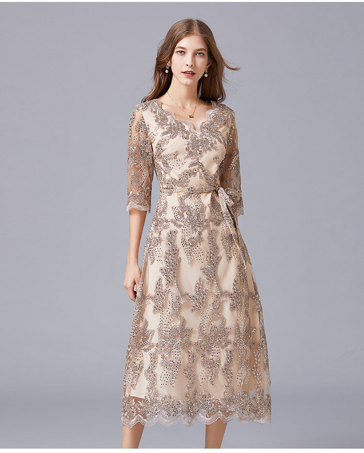 Plus Size Gold Lace Formal Midi Dress