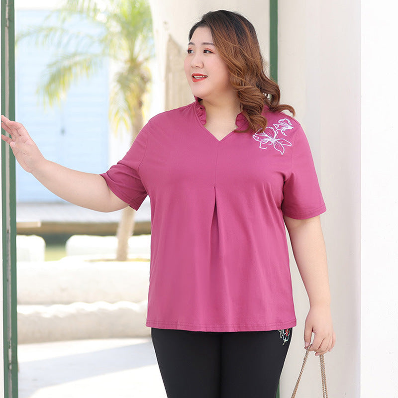Plus Size 100 Cotton Floral Embroidery Notch Neck T Shirt (Extra Big