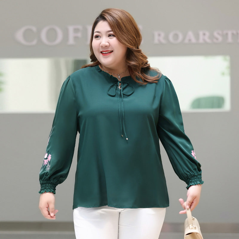 Plus Size Green Floral Embroidered Long Sleeve Blouse (Extra Big Size