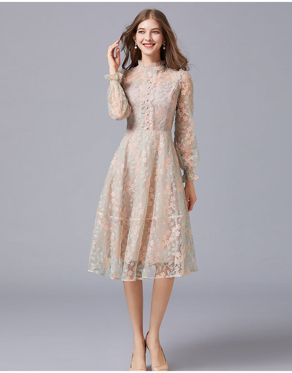 Plus Size High Neck Lace Puff Sleeve Formal Dress