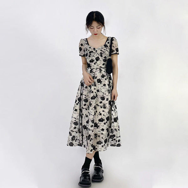 (Ready Stock Midi 4XL - 1 Pc) Plus Size Monochrome Floral Korean Dress