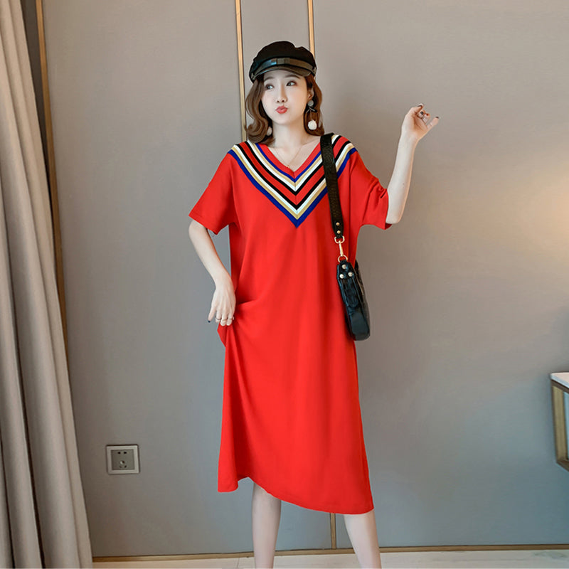 Plus Size 100 Cotton V Neck Rainbow Midi Dress Pluspreorder