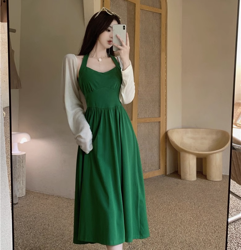 Plus Size Cream Crop Cardigan Vintage Halter Dress Set