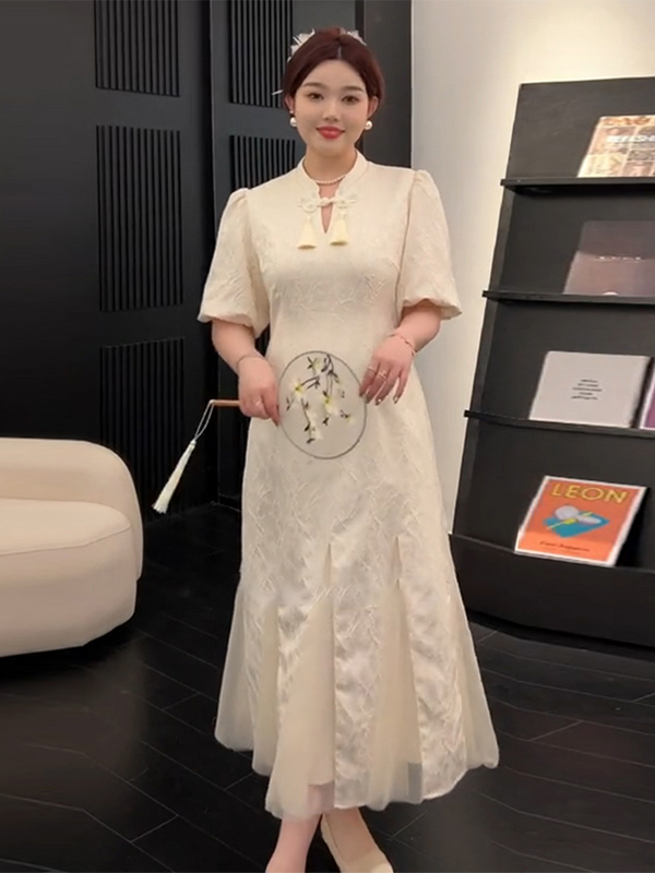 Plus Size Cream Lace Tulle Cheongsam Dress