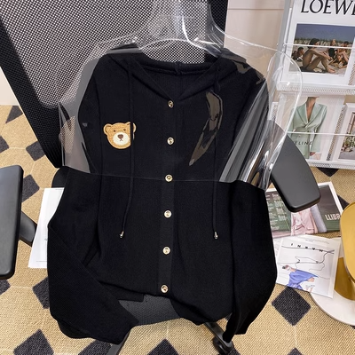 Plus Size Cute Bear Knit Buttons Hoodie Jacket Black L