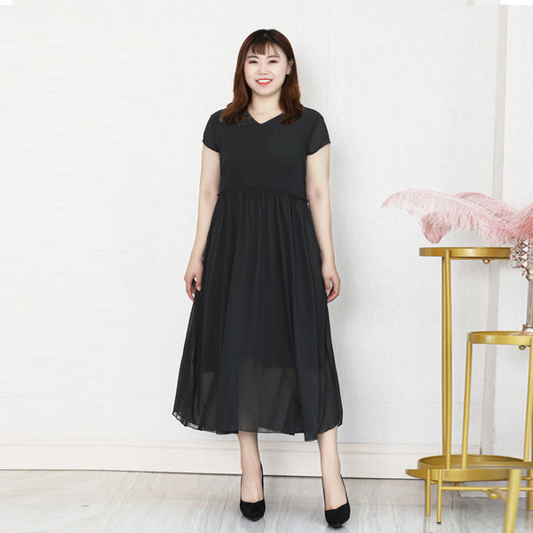 (4XL-10XL) Plus Size Black Chiffon Cap Sleeve Midi Dress (EXTRA BIG SIZE)