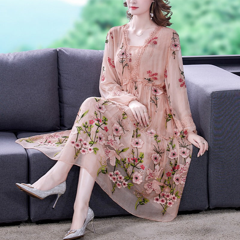 Plus Size Pink Floral Embroidery Long Sleeve Dress  Pluspreorder