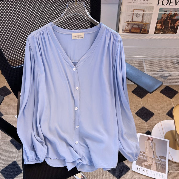 Plus Size Korean Blue Buttons Long Sleeve Shirt Blouse