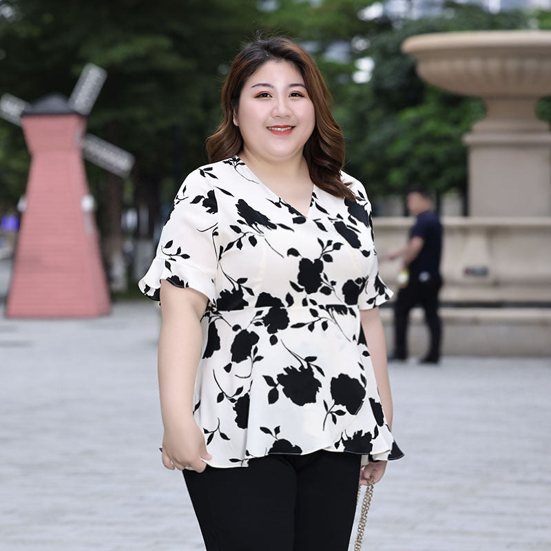 (XL-7XL) Plus Size Monochrome Floral Wrap Chiffon Blouse (EXTRA BIG SIZE)