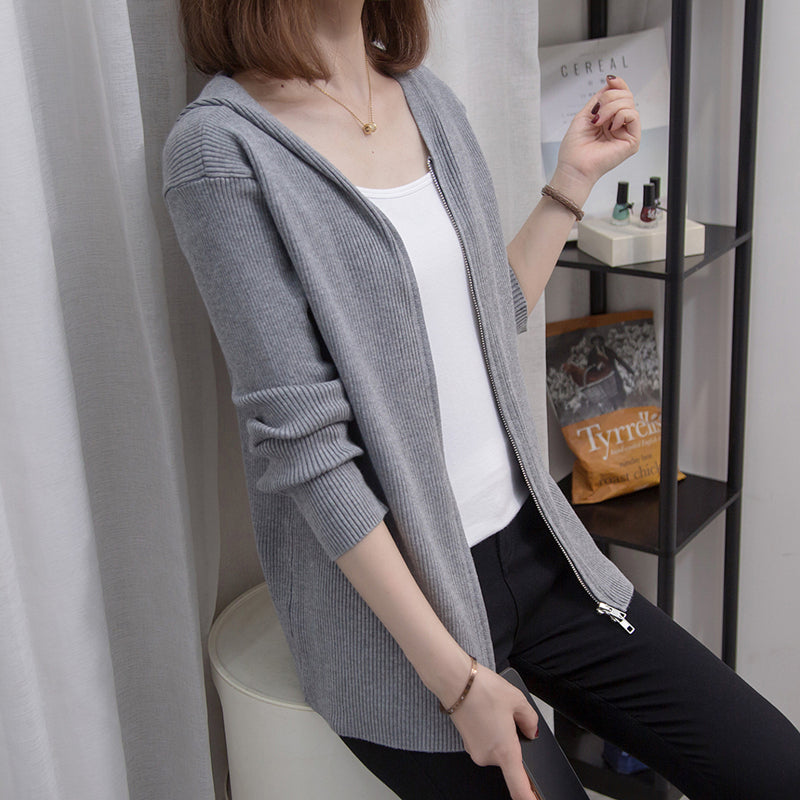 Plus Size Knit Ribbed Zipper Long Sleeve Cardigan Sweater Top