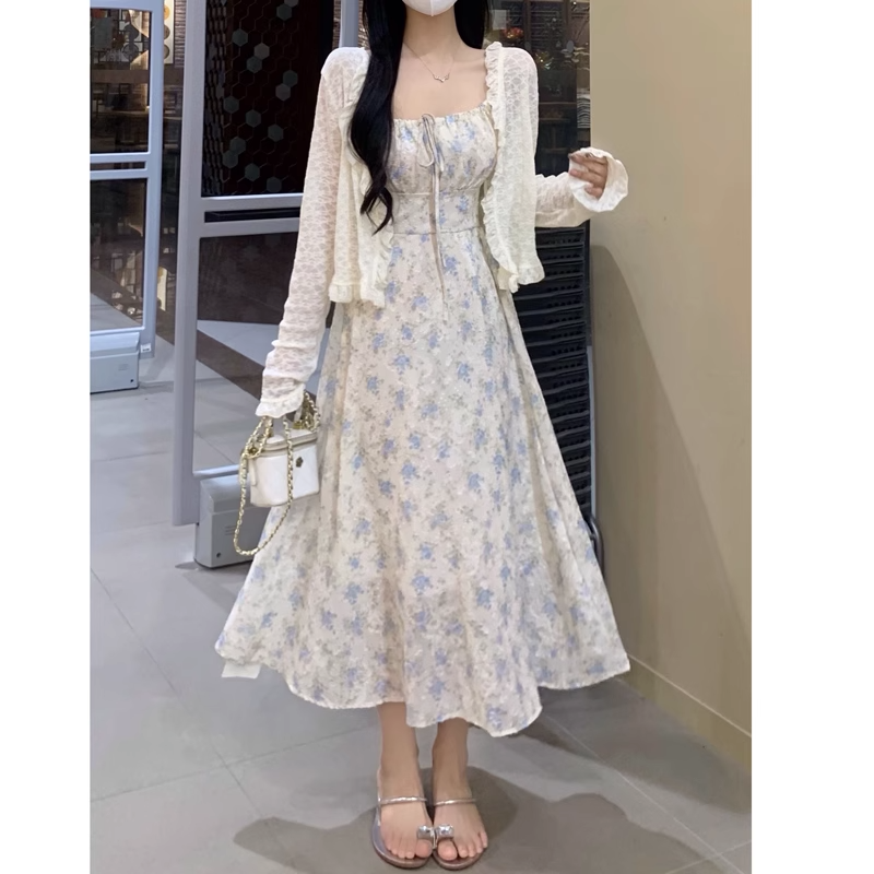 Plus Size Korean Blue Floral Romantic Dress and White Frill Crop Cardi Pluspreorder Plus Size Korean Blue Floral Romantic Dress and White Frill Crop Cardi Pluspreorder