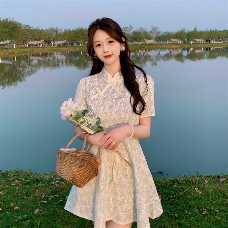 Plus Size Korean Blue Lace Floral Qipao Dress Yellow M