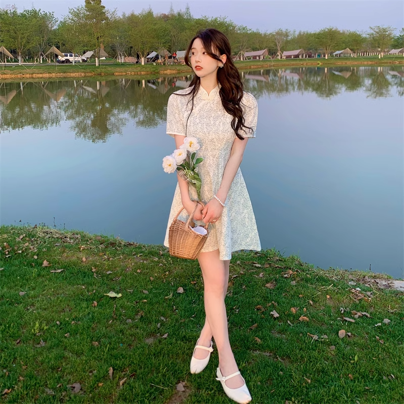 Plus Size Korean Blue Lace Floral Qipao Dress Pluspreorder